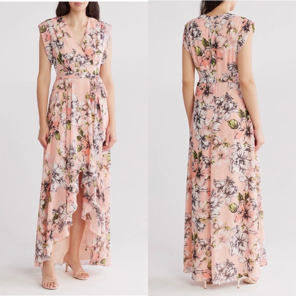 Eliza J Surplice Floral High-Low Dress with Tie Belt